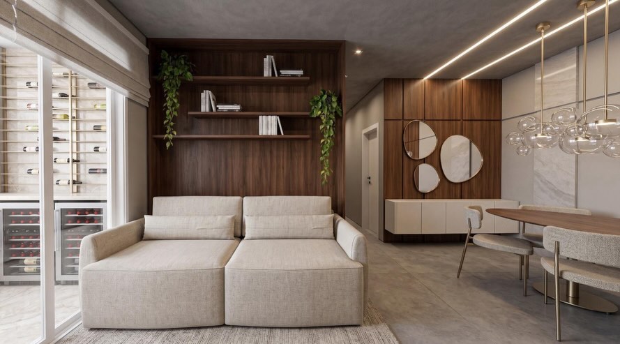 Living integrado com marcenaria em madeira e sala de jantar